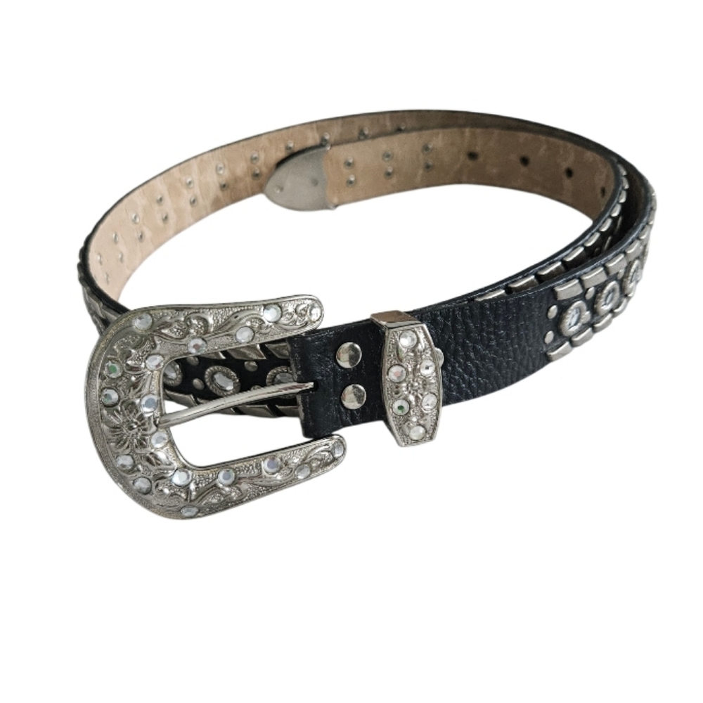 Black and Silver Rihnstone Studded Embellished Belt Unisex - Picture 3 of 6